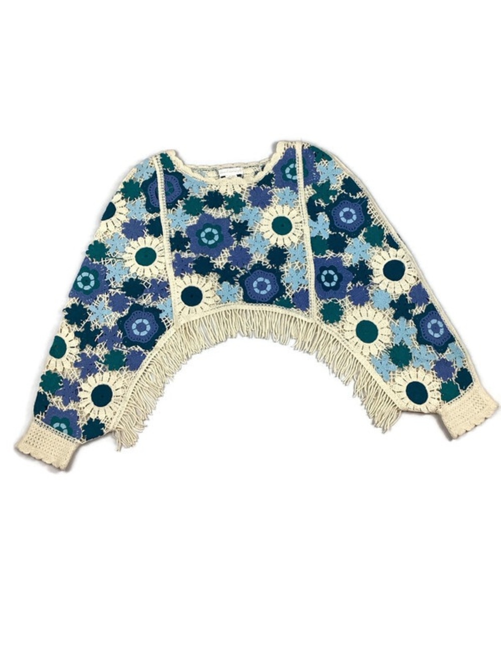 House of Harlow 1960 Colorful Floral Mod Crochet Fringe Cropped Sweater Shrug